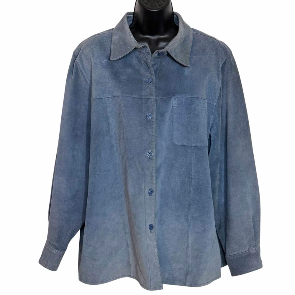 Vintage Coldwater Creek Suede Leather Blouse Jacket Blue Button Down Shacket L